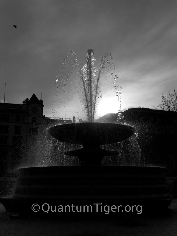 Low winter sunlight behind one of the fountains in Trafalgar Square